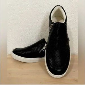 Brash black vegan leather slide on sneakers with side zipper size 8.5